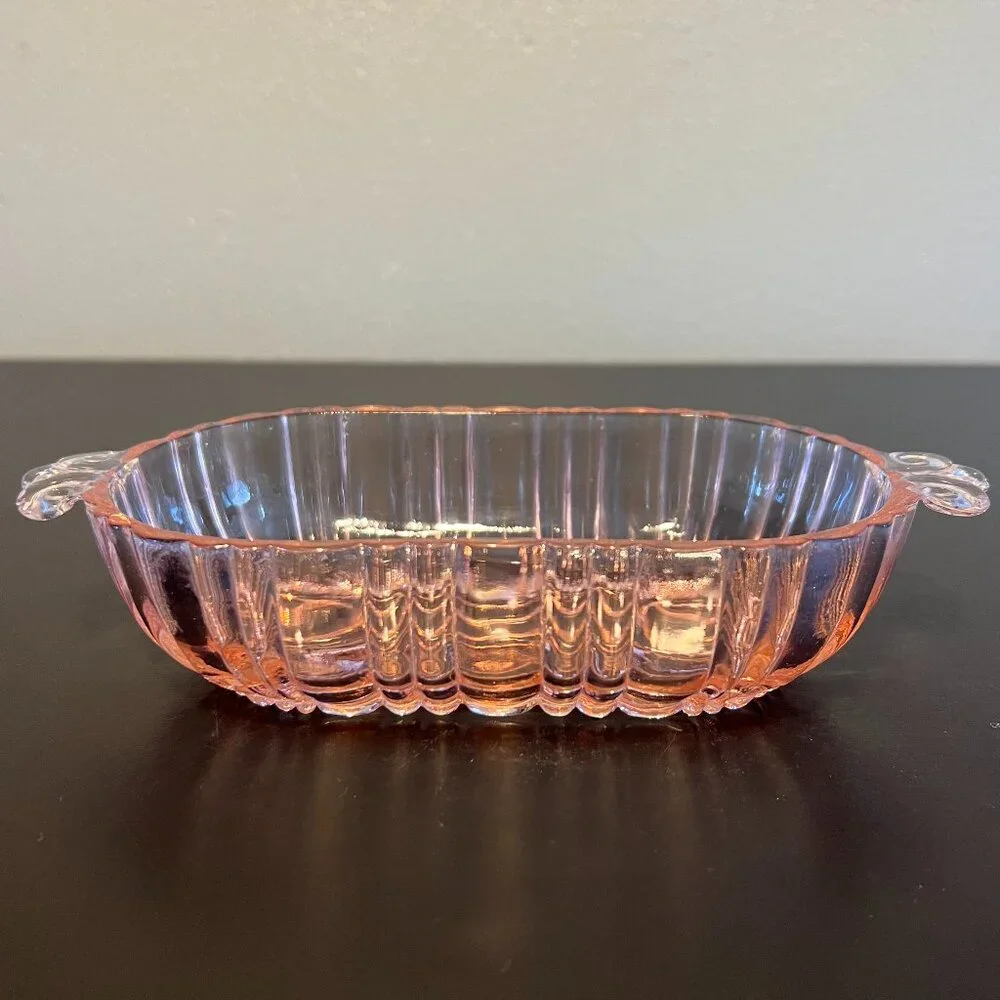 Vintage Anchor Hocking Old Cafe Pink Depression Glass Oval Relish Serving Dish